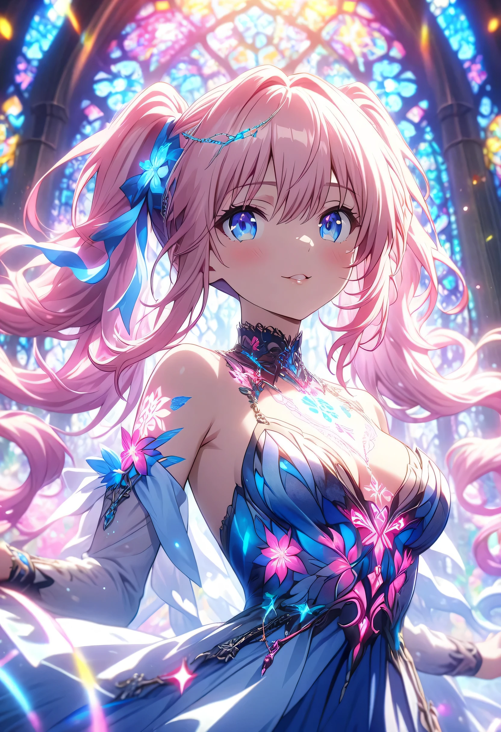 (A beautiful anime girl with short, vibrant pink hair and captivating blue eyes, sitting gracefully. She is wearing lingerie, radiating elegance and charm. Her smile brightens up the room, complementing her fair and flawless complexion.)