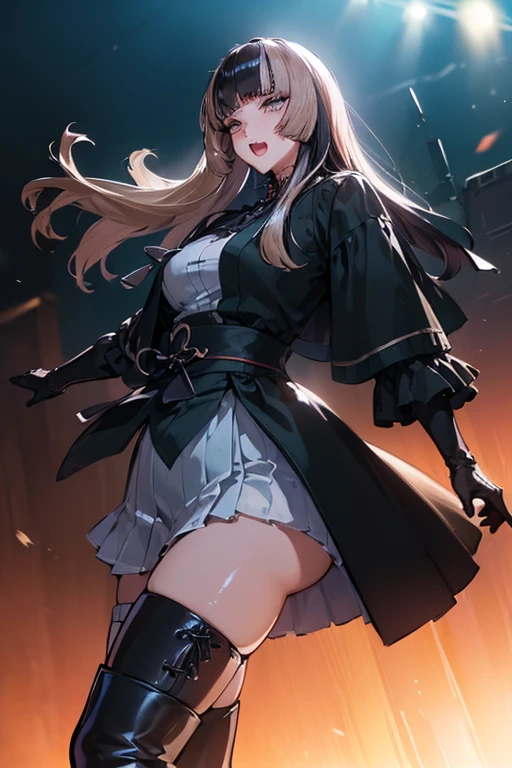 (full body shot, full body view),(Standing upright with one leg in front of the other), cute and symmetrical face, masterpiece, RAW photo, best quality, photorealistic, extremely detailed CG unity 8k wallpaper, (natural side lighting, movie lighting), looking at viewer, (face focus), 1 girl, japanese, 25 years old, perfect face, perfect body, shiny skin, (long sideburns, light black hair), hair between eyes, emerald green eyeiddle breasts), beautiful hair, beautiful face, beautiful lips, beautiful eyes, beautiful detailed eyes, beautiful clavicle, beautiful body, beautiful chest, beautiful thigh, beautiful legs, beautiful fingers, blush, ( Stiletto heels and anklets), black rubber suit, office lady uniform,Office wear,(flare skirt,ruffle skirt),(biologically correct form,correct appearance as a human being), (lovely smile, slightly open mouth),droopy eyes, black stockings