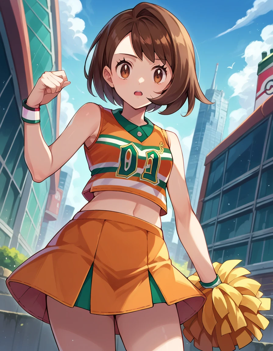 score_9, score_8_ up, score_7_ up,  Source_Anime,
Pokemon Gloria , Pokemon Gloria ,  brown eyes, Brown Hair,  medium hair,
green cheerleader costume
outdoor, Cityscape,
 viewers,  cowboy shot,  Dutch angle to the side,