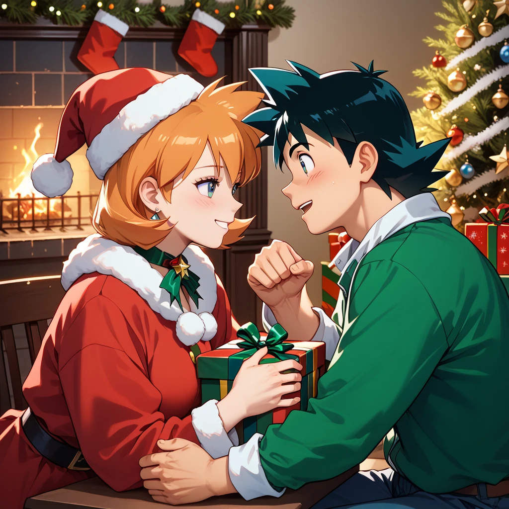 highly detailed, (couple), hetero, (duo focus), highres, 1man, 1woman, BREAK, 1man, ash ketchum, black hair, aged up, handsome boy, good looking boy, wearing green Christmas outfit, BREAK, 1woman, misty_g2, orange hair, wearing green Christmas outfit, Christmas, exchanging presents, gifts,