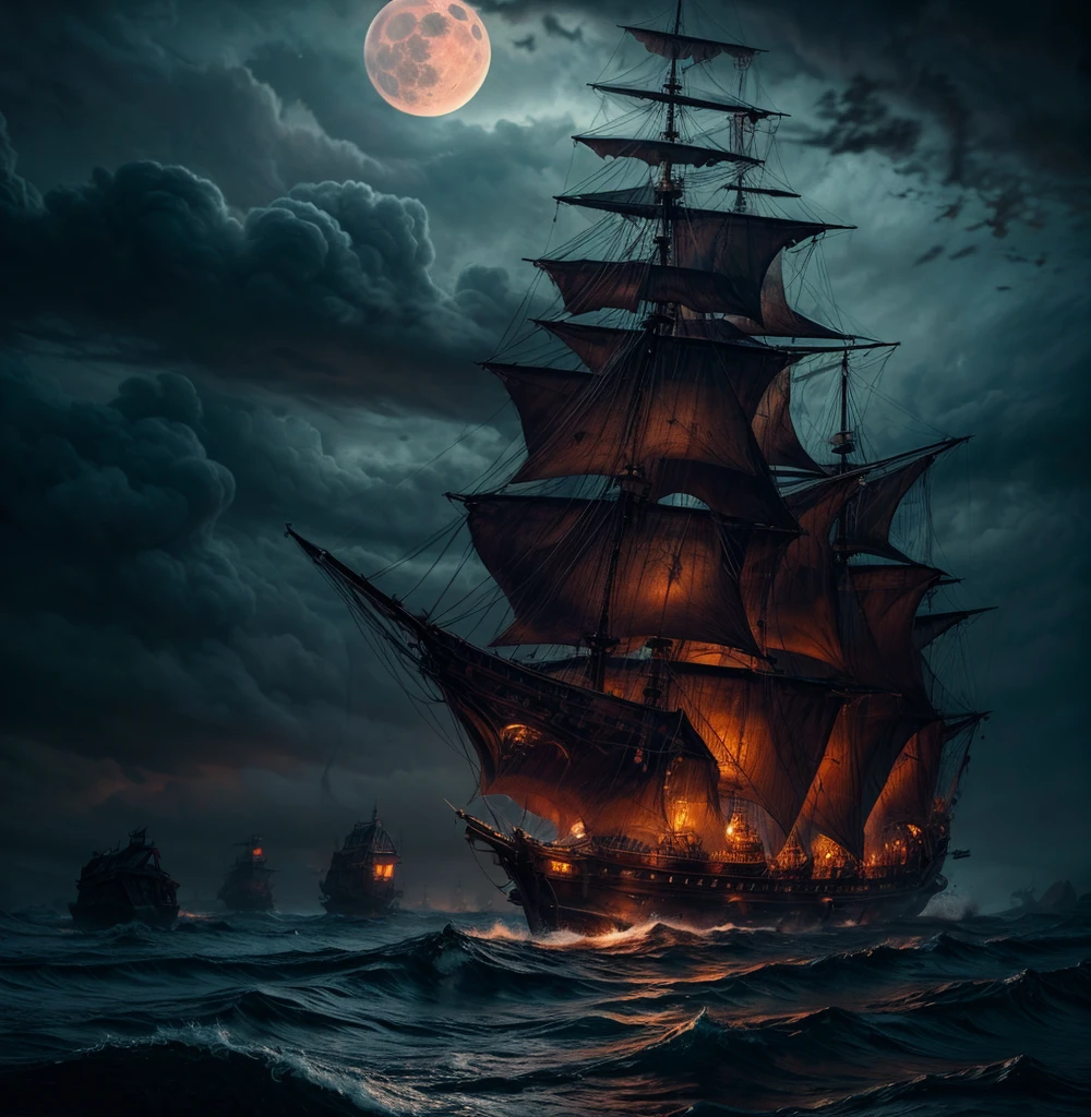 hyper-detailed photorealistic creepy galleon, creepy blood moon, high waves, creepy clouds, sinister, 16k resolution, wildlife photography, dynamic lighting, 64 megapixels "
" detailed matte painting, deep colors, fantasy, intricate details, splash screen, additional colors, fantasy concept art, 8k resolution trending on Artstation Unreal Engine 5