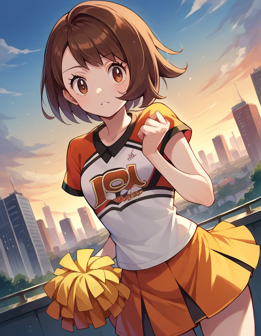 score_9, score_8_ up, score_7_ up,  Source_Anime,
Pokemon Gloria , Pokemon Gloria ,  brown eyes, Brown Hair,  medium hair,
green cheerleader costume
outdoor, Cityscape,
 viewers,  cowboy shot,  Dutch angle to the side,