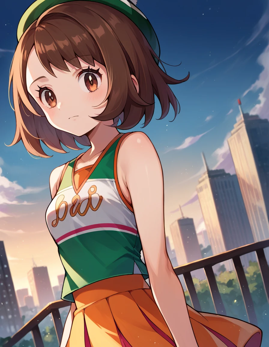 score_9, score_8_ up, score_7_ up,  Source_Anime,
Pokemon Gloria , Pokemon Gloria ,  brown eyes, Brown Hair,  medium hair,
green cheerleader costume
outdoor, Cityscape,
 viewers,  cowboy shot,  Dutch angle to the side,