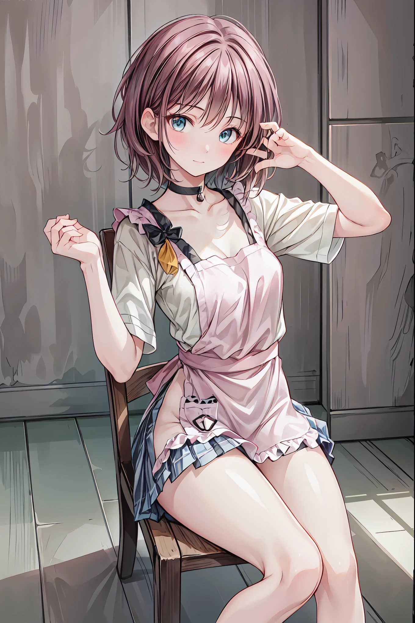 one-girl, Wears white off-the-shoulder short sleeves, white panties, Long legs, Barefoot, with dark reddish hair, Short hair to the neck, Hair covers one eye, eBlue eyes, Pointed chin, Line nose, high street, bangs, expressionless, Expressionism, chiaroscuro, anime, UHD, ccurate, super detail, high details, best quality,curlies
