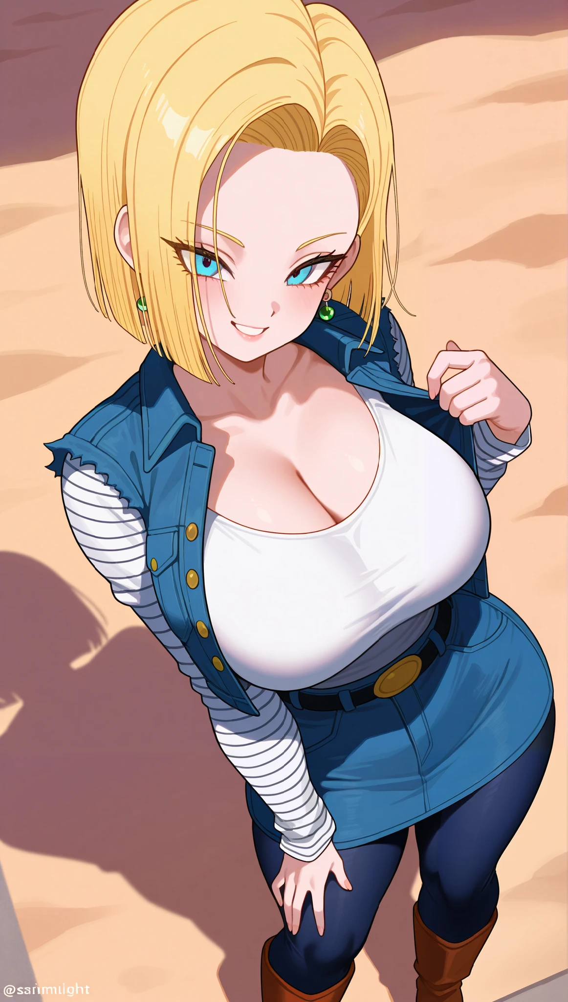 (masterpiece), (portrait), big breasts (aesthetics), ((1 female 21 years old)), Highlight earrings), ((short hair)), ((Hot crystal blonde hair)), ((Android 18)) straight hair, thin eyes open, blue eyes, cute, naughty, malicious smile, woman, feminine, beautiful, female features, top, high quality, aesthetic clothing, professional angle, (rule of thirds), (feminine), , (beautiful) , (female ) features), solo, (Korean attractive), summer, (ink haze), (afternoon), (vibrant light), seductive posture, ((face looking forward))), Android 18, denim jacket, denim skirt, boots, torn black tights, striped sleeves blouse, black strap t-shirt, jeans, sensual ((Energy)), (Bold Makeup), (Big Breasts), Fair Skin, (Clothes with Hip Hop Details), (a hot Android 18, sculptural body, sexy pose), (Sleep Neckline), Beautiful Hands, Body beautiful, beautiful ears, beautiful eyes, bright eyes, beautiful mouth, beautiful lips, hip tilt, sensual leaning pose, isolated, rocks, desert place