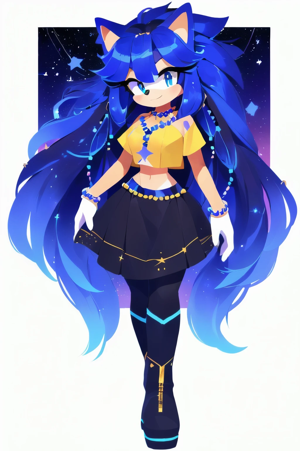 Sonic oc, Mobian, female, sonic the hedgehog but female, Cosmic hedgehog, A beautiful light blue hedgehog, purplish blue eyes, very long hair/quills, braided and beaded long hair bangs, long streaks of hair on each side of her face, (star constellation on hair, beads on hair, smooth fur, slim thick hourglass body, slim fit, wearing a yellow cropped shirt and a long midi skirt, high boot, black leggings, beaded hair and rings on hair flowing hair,