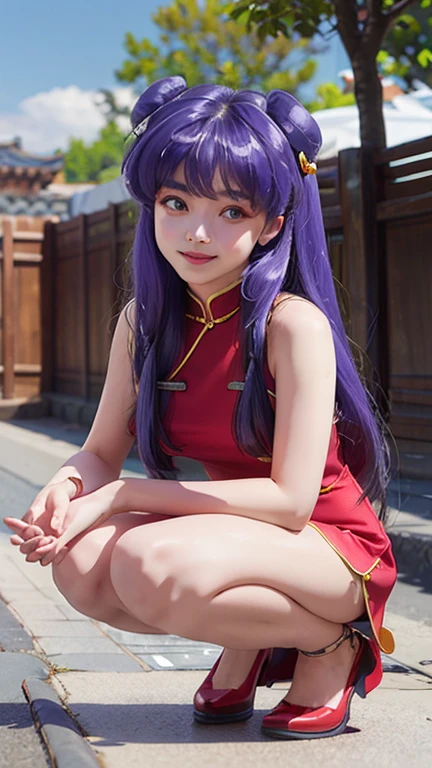 ShampooChan, 1girl,blue sky,solo, alone,  chain link fence, Chinese dress, Chinese clothing, cloud, day, double bun, dress, fence, hair bell, hair ornament, long hair, outdoors, outstretched hand, pavement, purple hair, red eyes, sky, smile, alone, squatting, tile floor, tree, very long hair,redshdressmedium breast, short dress, sexy dressâââ