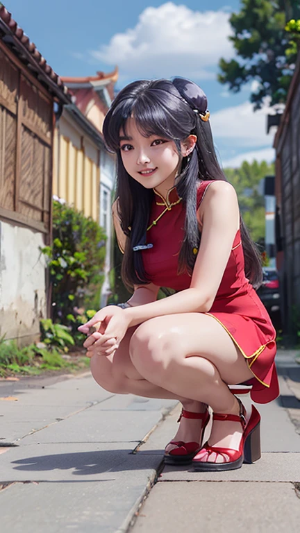 ShampooChan, 1girl,blue sky,solo, alone,  chain link fence, Chinese dress, Chinese clothing, cloud, day, double bun, dress, fence, hair bell, hair ornament, long hair, outdoors, outstretched hand, pavement, purple hair, red eyes, sky, smile, alone, squatting, tile floor, tree, very long hair,redshdressmedium breast, short dress, sexy dressâââ