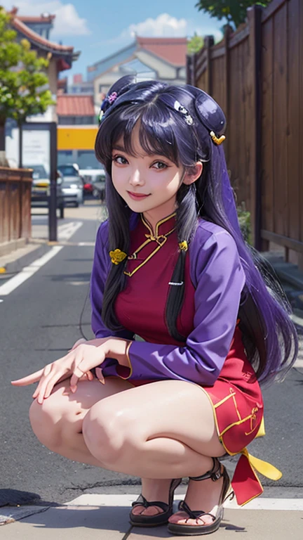 ShampooChan, 1girl,blue sky,solo, alone,  chain link fence, Chinese dress, Chinese clothing, cloud, day, double bun, dress, fence, hair bell, hair ornament, long hair, outdoors, outstretched hand, pavement, purple hair, red eyes, sky, smile, alone, squatting, tile floor, tree, very long hair,redshdressmedium breast, short dress, sexy dressâââ