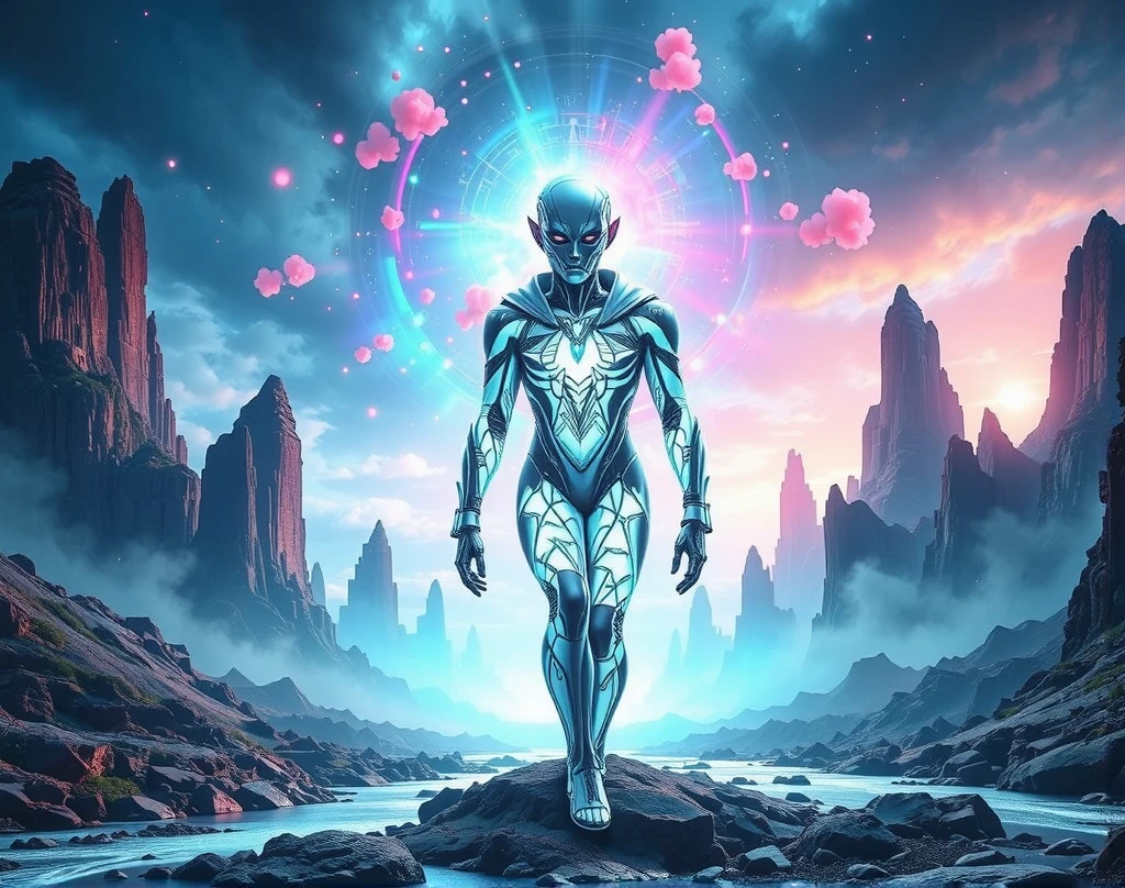 Amidst the surreal landscape of an alien planet, a woman stands still, gazing at a colossal alien being that looms before her. Clad in a sleek, futuristic spacesuit, her figure is framed by the planet’s extraordinary terrain—towering crystalline structures, glowing rivers of luminescent liquid, and a canopy of swirling, multicolored clouds overhead. The alien is massive and awe-inspiring, its body a mesmerizing fusion of organic and bioluminescent patterns, pulsating gently with an otherworldly rhythm. The creature moves slowly, its presence both majestic and enigmatic, exuding a sense of ancient wisdom. The woman’s stance conveys a mix of wonder and trepidation, her helmet visor reflecting the radiant light emanating from the alien. The scene is cinematic, bathed in soft, otherworldly hues, encapsulating the profound intersection of humanity and the unknown.