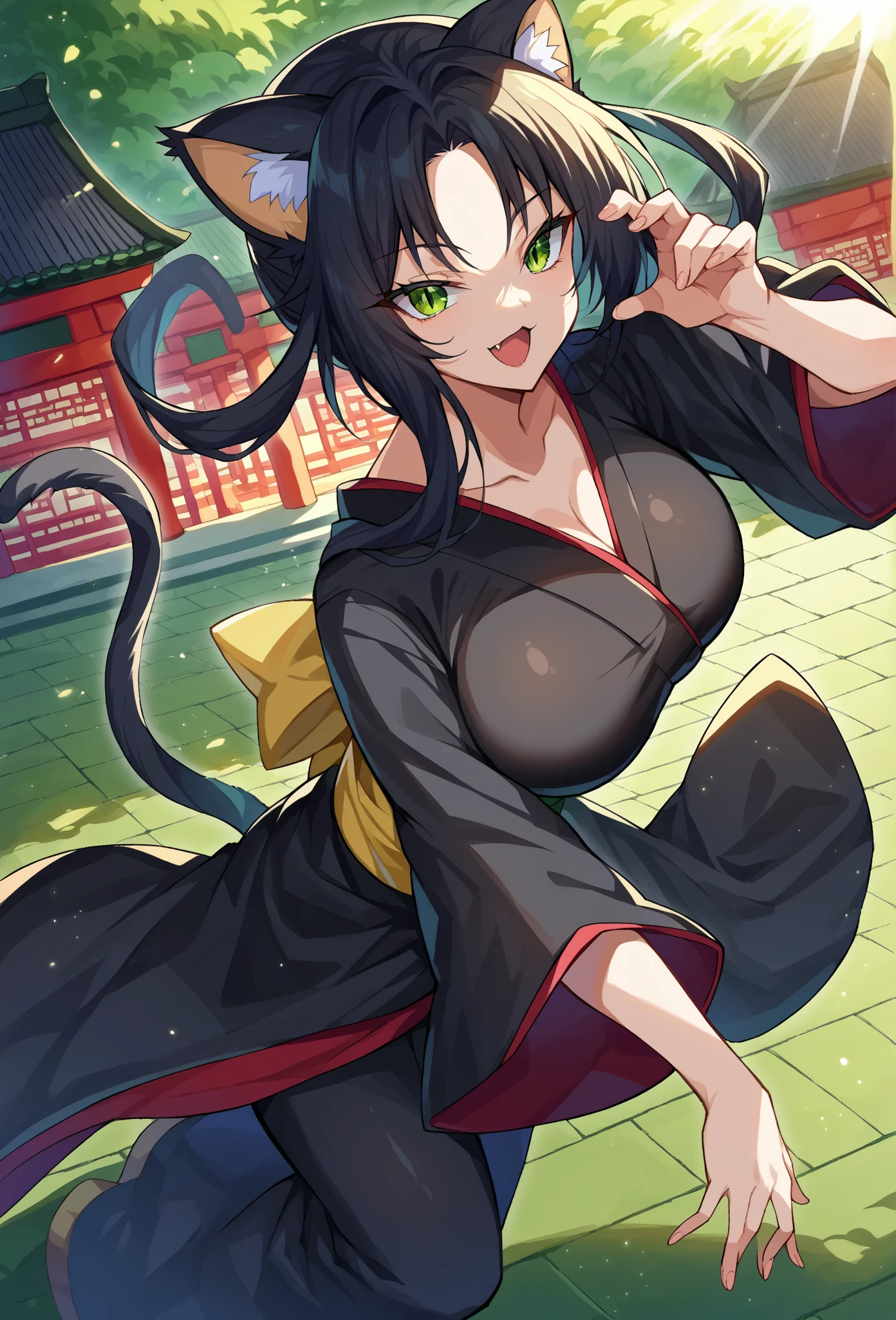  score_9,  score_8_above,   source  _anime BREAK solo , 1 girl,   Looking at the viewer, vaquero disparó, 
Kuroka still , green eyes, slit paboveils,  black hair,  long hair,  animal ears ,  animal ear fluff , cat tail,  cat ears ,  multiple queues, black Kimono, green faja, Obi, diadema,  curvilinear ,  big breasts, naughty face, smile, :3,  open your mouth, fang,
 outdoor, Sunlight, sanctuary,  East Asian architecture,  light particles , dust, long pants