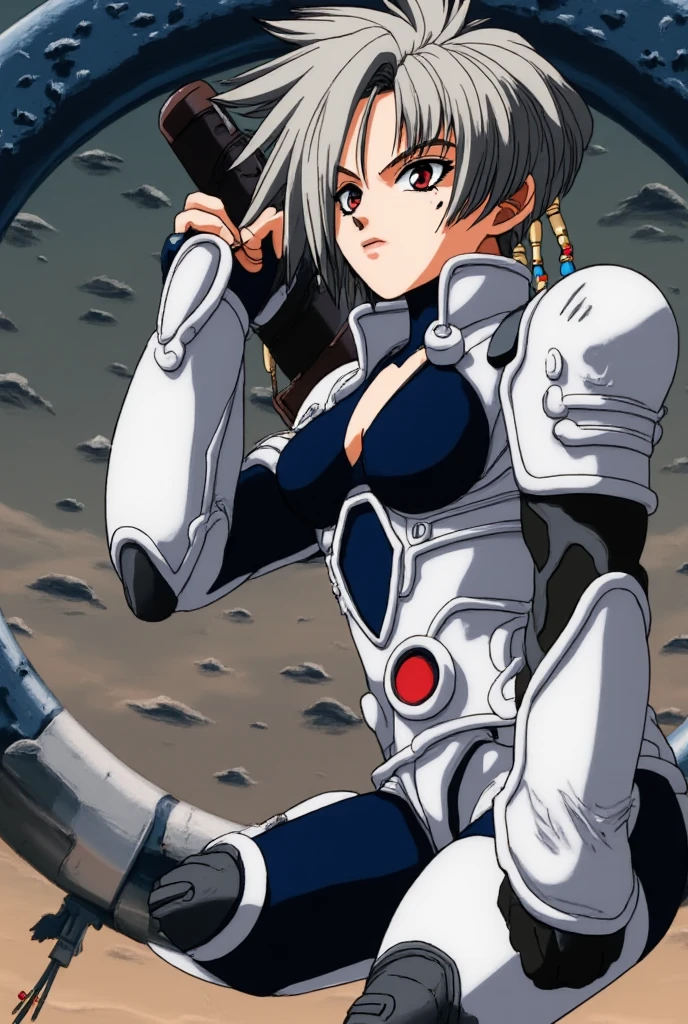 dynamic manner. She has fair skin and large, futuristic armor suit. The armor is primarily white with black accents and intricate, high-tech armor suit., expressive red eyes and a determined expression. She is dressed in a futuristic, featuring a dynamic, piercing on her right cheek., dark eyeliner and mascara, spiky