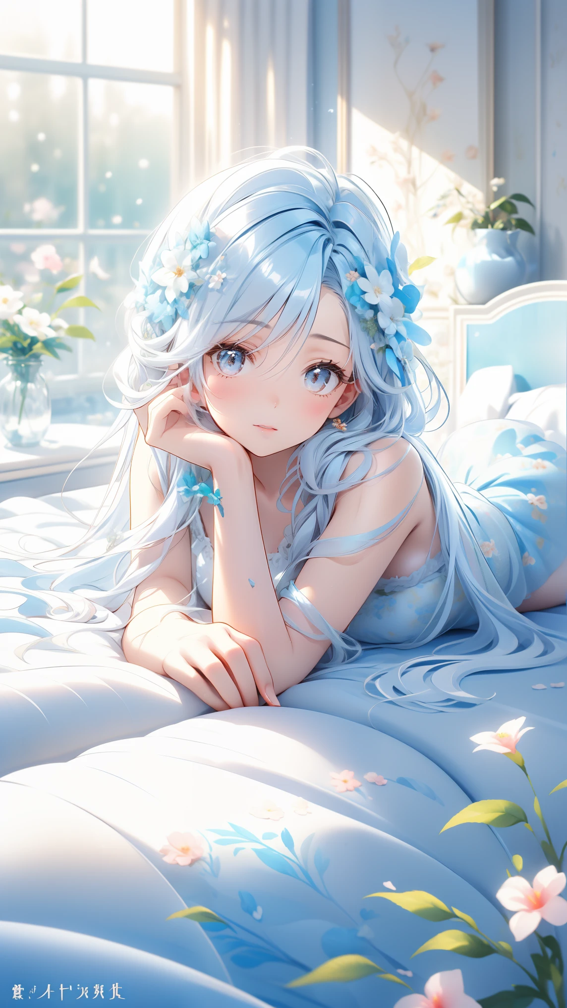 Anime girl laying on bed with blue hair and flowers in her hair - SeaArt AI