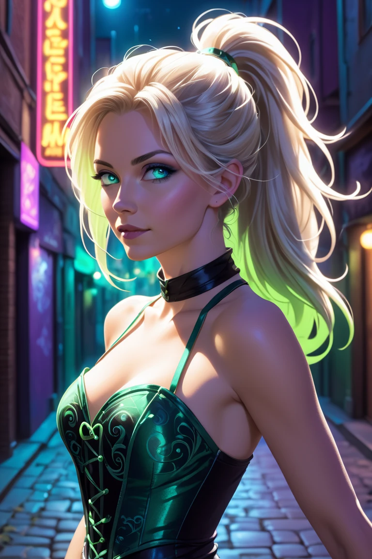 (Best quality), (perfect face), (high detail), (1girl), (closeup), (headshot), a cute stoner girl smoking a joint surrounded by marijuana leafs, smoke filled room, weed smoke, THC, (green eyes), (neon green 1:1), HDR,4K, 3D