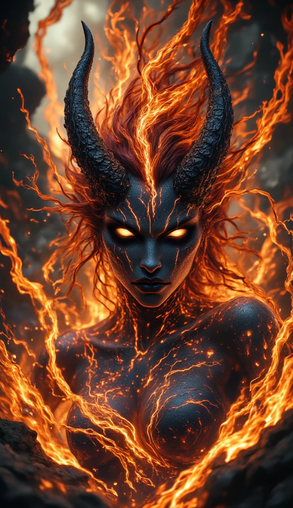 solo, 1girl, ((best quality)), ((masterpiece)), (detailed), 4k, very small red goblin girl, red skin, pointy ears, long straight red hair on fire, eyes closed, mouth open, screaming, moaning, nude, small horns on head, sexy pose, dynamic pose, seductive, looking at viewer, touching self, having an orgasm, masturbating, action pose, cinematic still
