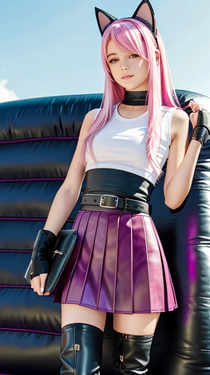  teenager with pink hair,  slim model , Leather top , pleated leather skirt, leather arm warmer  ,  knee-high leather boots, Cat ears, bouncy castle 