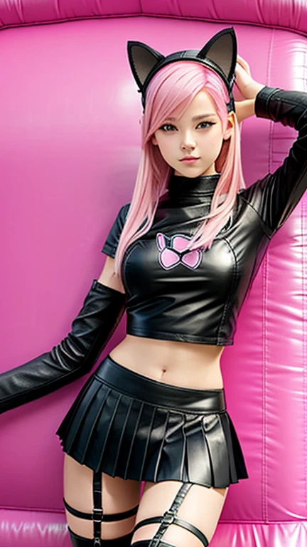  teenager with pink hair,  slim model , Leather top , pleated leather skirt, leather arm warmer  ,  knee-high leather boots, Cat ears, bouncy castle 