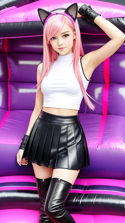  teenager with pink hair,  slim model , Leather top , pleated leather skirt, leather arm warmer  ,  knee-high leather boots, Cat ears, bouncy castle 