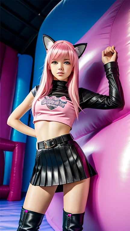  ager with pink hair,  slim model , Leather top , pleated leather skirt, leather arm warmer  ,  knee-high leather boots, Cat ears, bouncy castle 