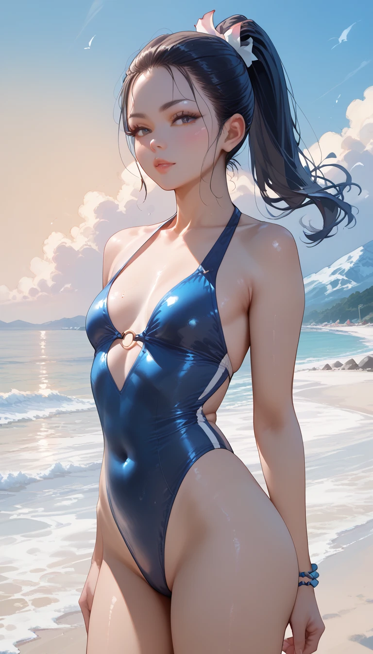 girls on the beach in sexy swimsuits,  pale Asian girl ,  Japanese woman with dark blue long hair tied in a ponytail and very small breasts and snow-white skin,  standing, alone, sexy babe