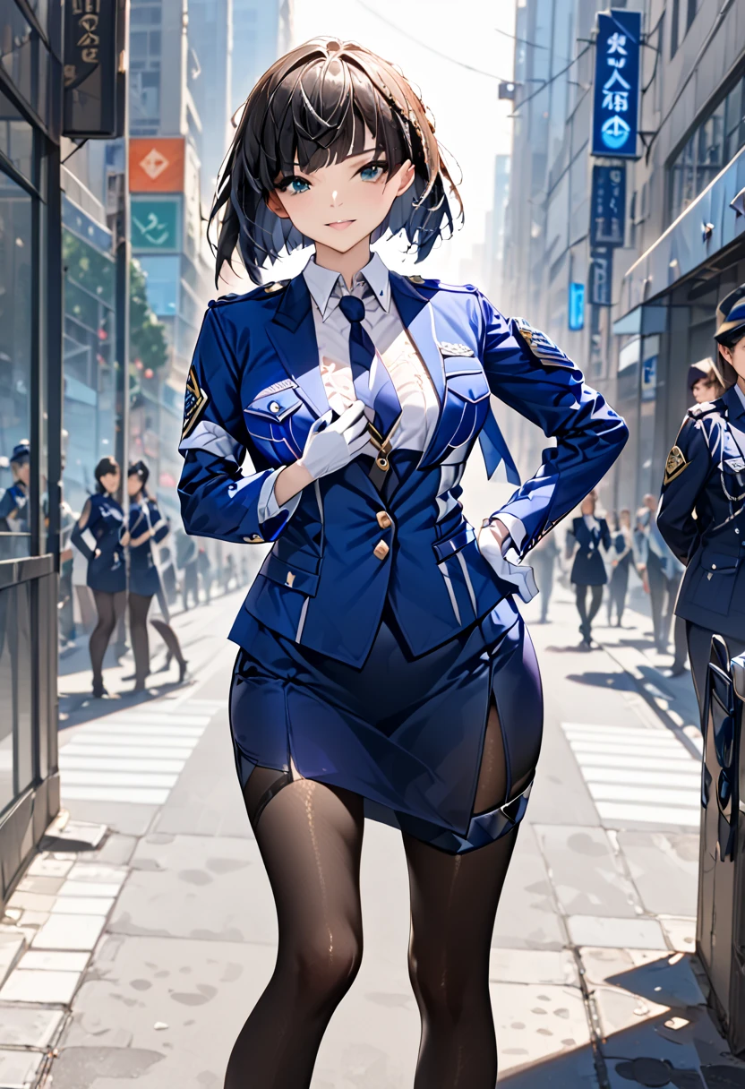 （Genshin Yelan）(masterpiece), ( top quality ), ( very detailed),( messy hair),(shape), ( 1 girl), Sustainability, Female police officer Yellan, Uniform Buttons、 collared shirt 、black tie、navy pencil skirt、 black pantyhose、 Uniform Jackets 、Black pumps、White handbag、 1 girl、chest、 staring at viewers 、smile、 short hair、bangs、大きなchest、