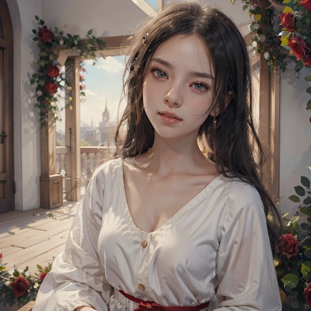 Anime girl with long black hair and a white dress with red roses, Gwaiz, Gwaiz on pixiv artstation,  detailed digital animation art, beautiful anime girl, Gwaiz on artstation pixiv, Anime Style 4k, everyone, beautiful anime portrait,  detailed portrait of an anime girl ,  BEAUTIFUL ANIME WOMEN ,  Detailed Anime Art 