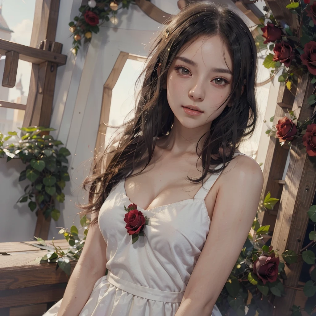 Anime girl with long black hair and a white dress with red roses, Gwaiz, Gwaiz on pixiv artstation,  detailed digital animation art, beautiful anime girl, Gwaiz on artstation pixiv, Anime Style 4k, everyone, beautiful anime portrait,  detailed portrait of an anime girl ,  BEAUTIFUL ANIME WOMEN ,  Detailed Anime Art 