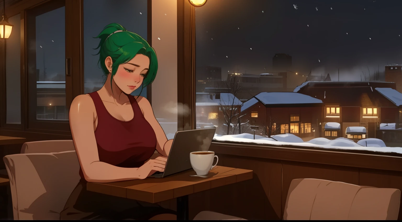 "A woman with green hair tied in a ponytail sits at a table in a cozy café, typing on a laptop. She is wearing a pink tank top, and the warm ambient lighting of the café creates a relaxing yet focused atmosphere. Behind her, the café interior features large windows, revealing a snowy winter evening outside, with a view of softly falling snow and a bustling urban street illuminated by warm streetlights. On the table beside her, a steaming cup of coffee or tea rests, adding to the comforting vibe of the scene. The café is filled with soft chatter and the clinking of cups, blending harmoniously with the serene winter ambiance outside. The setting captures a quiet moment of productivity in a cozy and inviting space."