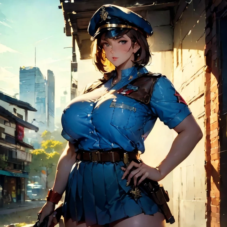 , photorealistic, 8k、Realistic Skin Texture、Superrealism、Automatic rifle、Dodgers cap  masterpiece, best quality, highres 
solo, 1girl, cowboy shot, :o
p38 \(girls' frontline\), p38original, brown hair, purple eyes, (garrison cap:1.2), military uniform, short sleeves, pleated skirt, belt pouch, iron cross medal, thighhighs, holding gun, handgun, walther　　art by (Carl Larsson:1.2),(post-Impressionist),,((oil painting)),soft lighting,COOL,cammy sf6, 1girl,solo,blonde hair, short hair,Absurd resolution, A high resolution, (tmasterpiece:1.4), ((gigantic braests)), ultra - detailed, 1girll, brown color eyes, cabelos preto e longos，Wear a police uniform and a short skirt, the city street,sexyposture, The camera is close to the body