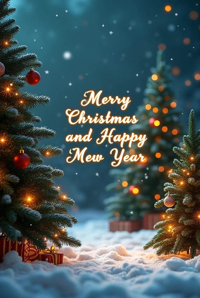  Make me an image of Christmas with trees and lights, And let me see a text that says  " Merry Christmas and Happy New Year in Spanish "