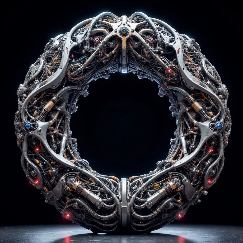 A massive, circular mechanism dominates the scene, formed entirely from a myriad of cybernetic components. The structure is a fusion of steel, chrome, and advanced plastic, seamlessly integrated into a complex web of interconnected cybernetic prosthetics. The outer rim is lined with a series of interconnected gears, pistons, and glowing conduits, each one designed with surgical precision. As you move inward, the layers of intricate components shift into more delicate and organic forms, all resembling cybernetic body parts—arms, legs, hands, eyes, and spines—each meticulously crafted and contributing to the overall structure.

The whole mechanism functions as a living, breathing entity, with prosthetic limbs interwoven and forming intricate pathways, creating an ever-shifting, almost organic structure. Some of the components resemble lifelike joints and muscles, while others are sharp, angular, and cold, evoking a sense of harsh mechanical efficiency. These elements move and pulse subtly, as if they were alive, driven by some unseen power source that flows through the metallic veins of the machine.

Bright neon hues of blue, red, and green light up from within the prosthetic limbs, casting reflections and shadows across the whole construct. The plastic sections glow softly, adding an otherworldly illumination, while the metal components are polished and precise, reflecting the ambient light with mechanical perfection.

The composition of this massive mechanism feels like a visual representation of both human fragility and the relentless advancement of technology, blending the organic with the machine in a chaotic, yet cohesive design. Every piece—every cyberprosthetic part—works in unison, creating a fully integrated and pulsating whole, a vast cybernetic organism. The backdrop is a simple, dark void, letting the chaotic complexity of the mechanism stand out in sharp contrast, emphasizing its size and intricacy.