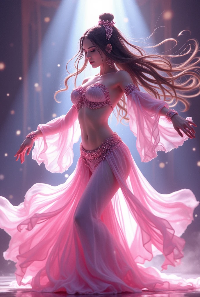 anime, White and pink belly dance costume ,  beautiful dancer's sexy dance,  bright lighting from the front ,  hair ornament,  high image quality, anime, 