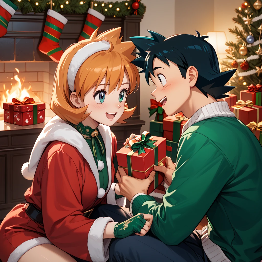 highly detailed, (couple), hetero, (duo focus), highres, 1man, 1woman, BREAK, 1man, ash ketchum, black hair, aged up, handsome boy, good looking boy, wearing green Christmas outfit, BREAK, 1woman, misty_g2, orange hair, wearing green Christmas outfit, Christmas, exchanging presents, gifts,