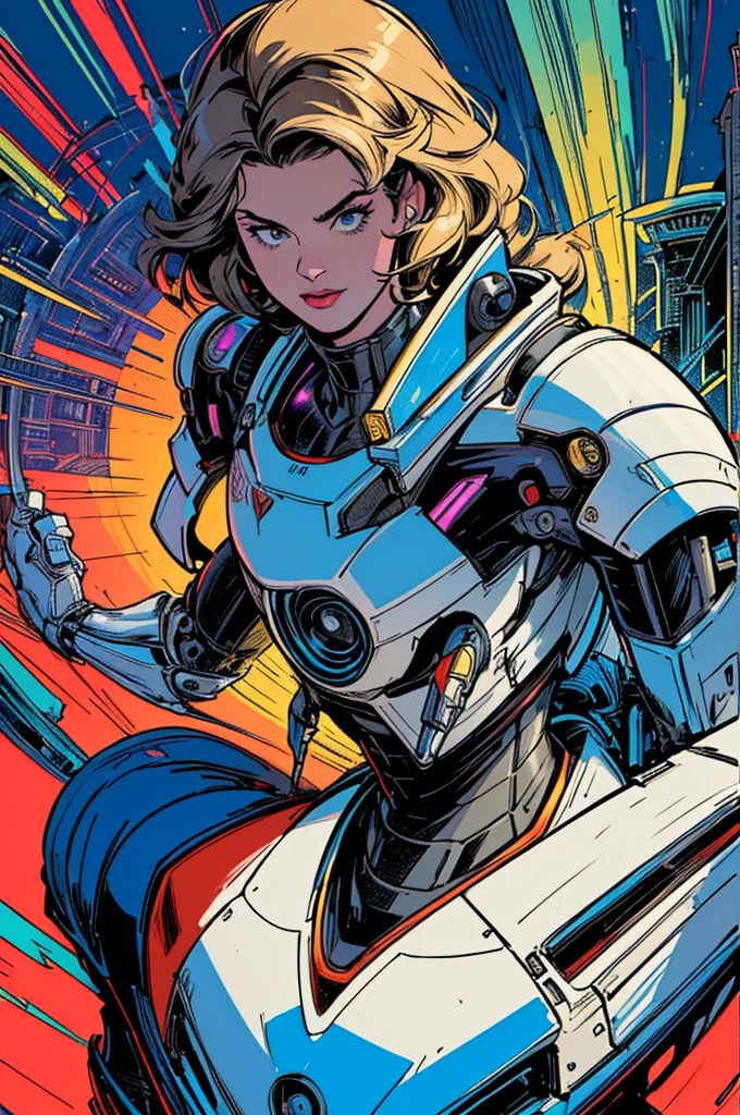 (((Top Quality Masterpiece ))),(((solo:1.2))),((( 1 woman :1.2))), 32K Highly Detailed Wallpaper , Retro Vintage Style ,(dynamic Angles),(((Overwhelming highlights))),((most complex machine)),Highly functional latest futuristic American comics with a very flashy color scheme