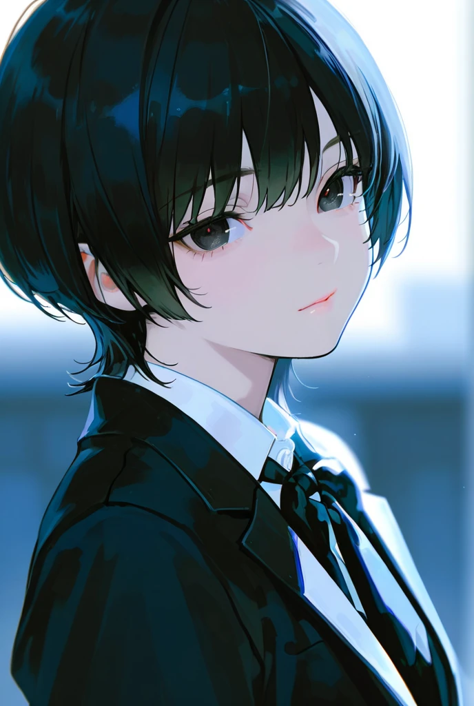  black and white color , Black Hair Shortcut, dark eyes, blazer uniform. upper body close-up, Blurry Background