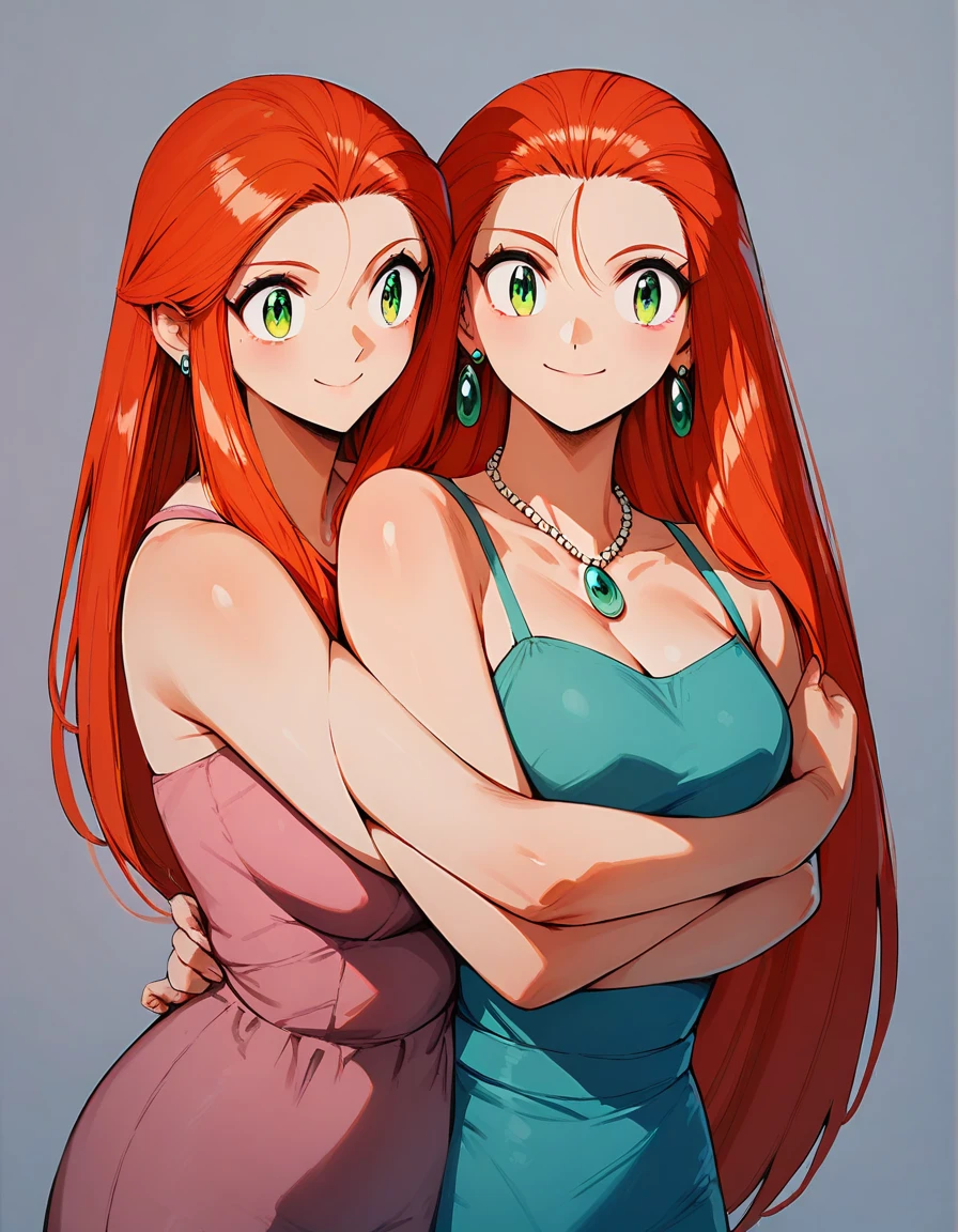 Mother and daughter hugging, nsfw, 30 year old woman, very sexy, redhead, long hair, green eyes, casual dress, green earrings, blue necklace, happy, hugging her  daughter, green eyes, short red hair , casual sports attire, happy hugging his mother