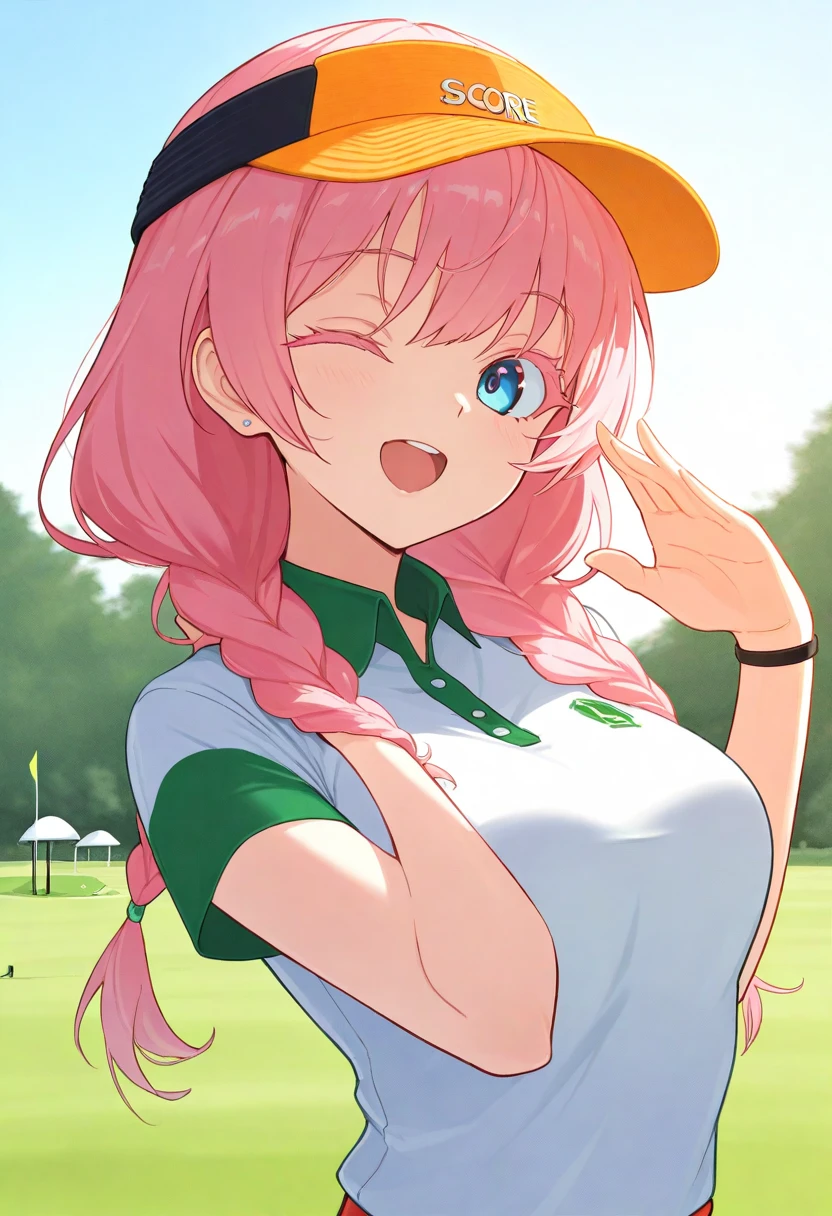 mastute piece,Best Quality,insanely detailed,8k cg,nsfw,
(shoot upper body:1.3),
(1girls:1.3),standing,looking at viewr,body in front,both arms behind back,(golf-wear:1.3,golf-cap),(bare breasts:1.1),(bare nipples:1.1),
break,
blush,shy,(ecstasy face),(trembling:1.2),break,(light green hair:1.2),
break,
perfect breasts,perfect teats,(open mouth:0.9),(large breasts:1.2),
(golf-course)、