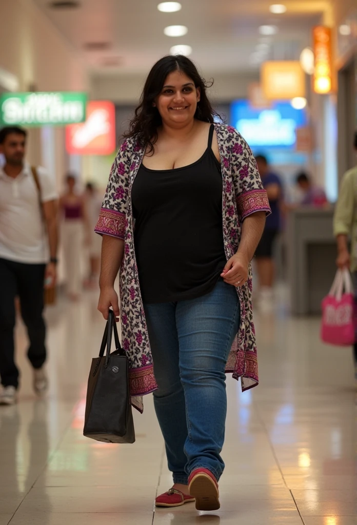 a very short and thick voluptuous smiling Indian woman with huge saggy breasts wearing trendy kurti without bra with a black shirt and denims walking through a shopping mall looking back, warm backlit dreamlike atmosphere, soft cinematic focus, anamorphic lens flares, masterpiece, by Zack Snyder,