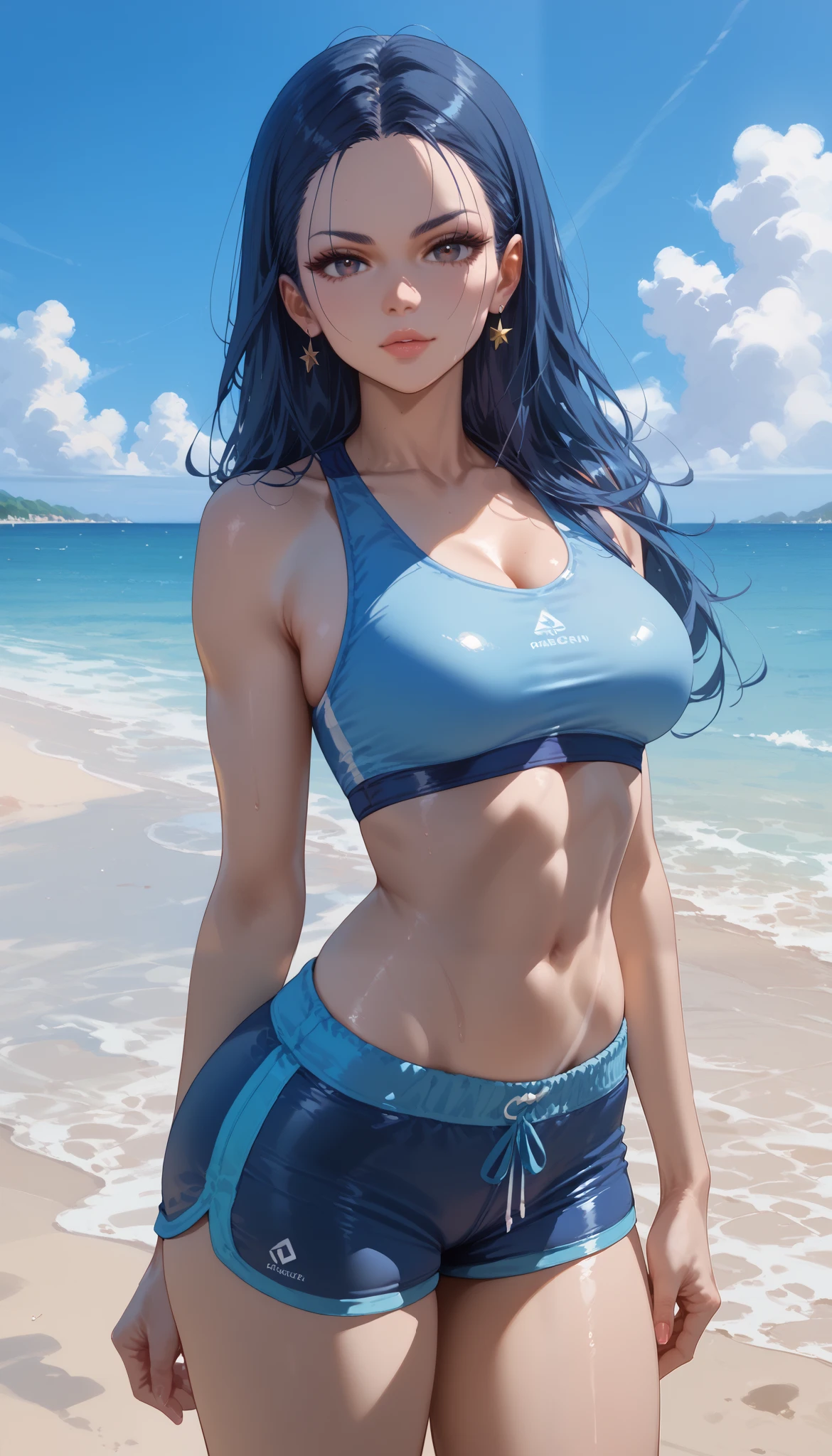 girls on the beach in sexy swimsuits, girl with dark blue hair ,  sporty with long blue hair, in shorts,   and dark eyes , pale, standing, alone, sexy babe