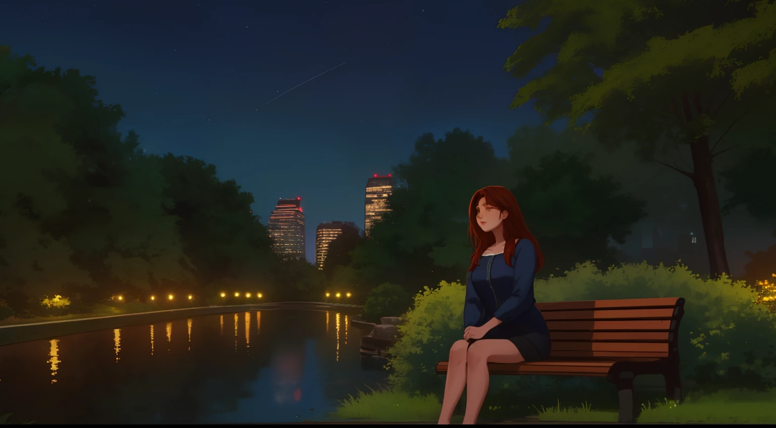 "A peaceful nighttime scene of a woman relaxing at the edge of an urban park. She sits comfortably on a bench or grassy area, surrounded by the soft glow of city lights in the distance. The park features vibrant greenery, gentle pathways, and a small pond reflecting the moonlight. The woman wears casual, cozy clothing, her expression serene as she admires the beauty of nature. Stars twinkle above, blending the tranquility of the park with the subtle hum of the nearby city, creating a harmonious balance between urban and natural landscapes."
