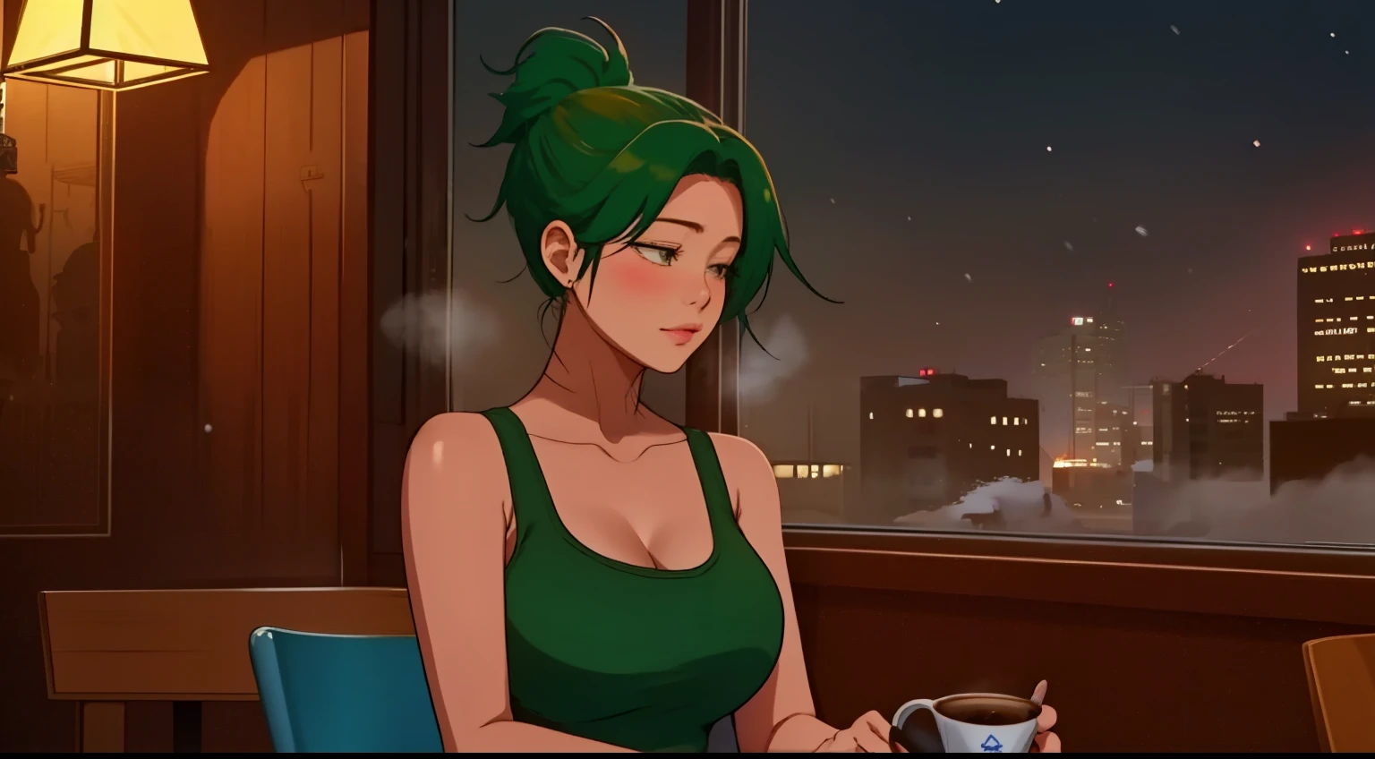 "A woman with green hair tied in a ponytail sits at a table in a cozy café, typing on a laptop. She is wearing a pink tank top, and the warm ambient lighting of the café creates a relaxing yet focused atmosphere. Behind her, the café interior features large windows, revealing a snowy winter evening outside, with a view of softly falling snow and a bustling urban street illuminated by warm streetlights. On the table beside her, a steaming cup of coffee or tea rests, adding to the comforting vibe of the scene. The café is filled with soft chatter and the clinking of cups, blending harmoniously with the serene winter ambiance outside. The setting captures a quiet moment of productivity in a cozy and inviting space."