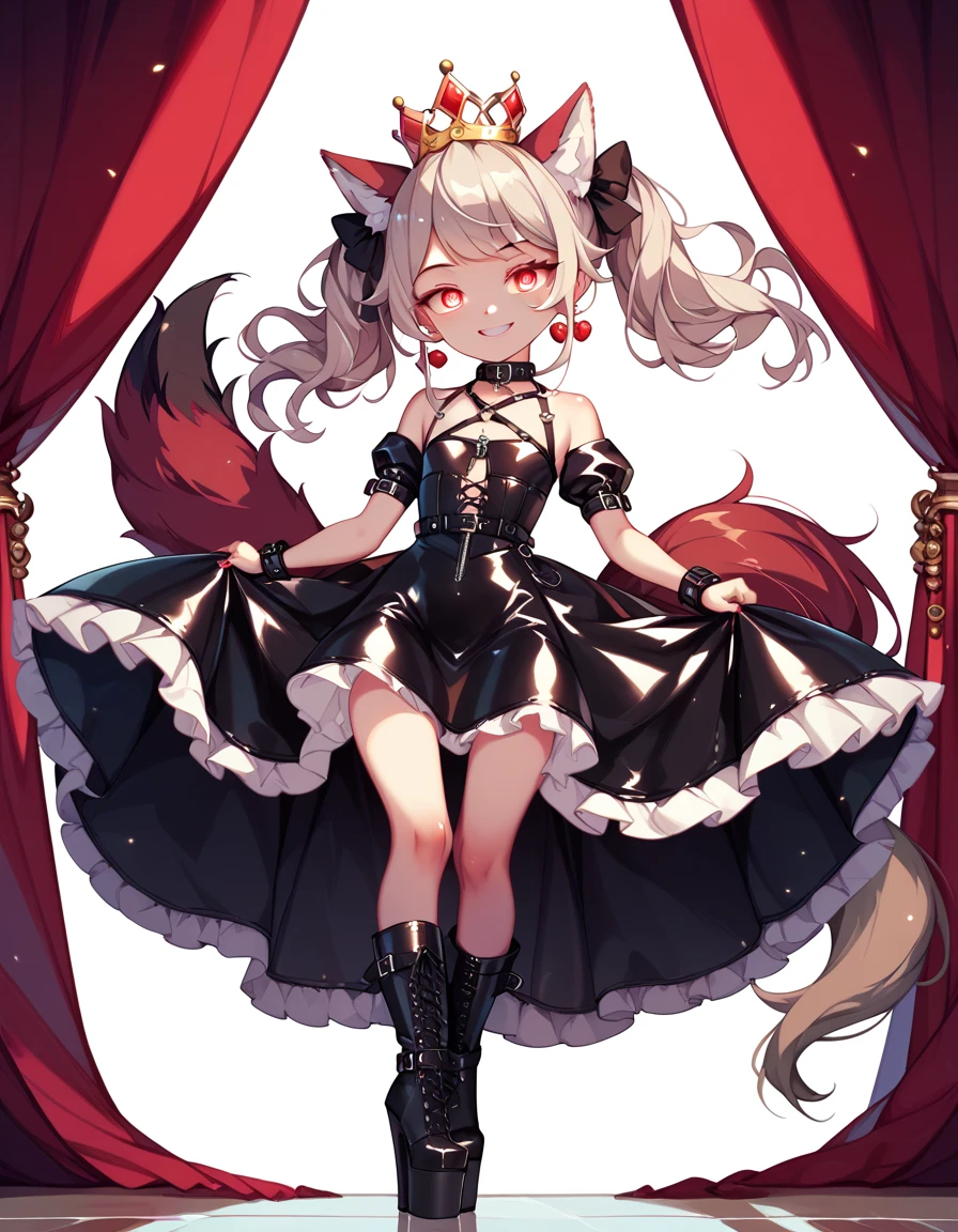   high image quality、  High Quality  、  girl、Droopy eyes、smile、pure、 crown、 wolf ear、 wolf tail 、 blondes、 Platform Boots、 princess、  leather bondage dress