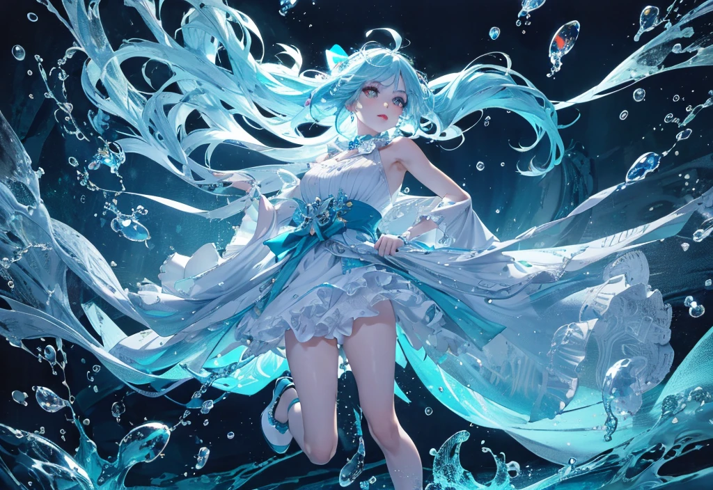 Girl with long, voluminous and vibrant light blue hair. It flows to the floor and has fine strands that give it an ethereal and light appearance, some parts of the hair appear translucent, reinforcing the theme of transparency, One of the eyes is blue and the other is gold, heterochromia,
light blue dress, with fluid details and translucent layers, the upper part of the costume has crossed straps and a bow at the collar, The skirt is made of transparent fabric, with sparkles and elements that resemble sparkling stars, she wears translucent gloves, Her shoes are blue dark, she is under the ocean, with fish and algae at the bottom of the sea, bright blue water, super detailed, good resolution, perfect body, good resolution, symmetrical face, long eyelashes, 4K, HD image, good body, super detailed, good resolution, good lighting,Aqua hair, 4K, HD image, good body, super detailed, good resolution, good lighting, ,LoRA quotes  