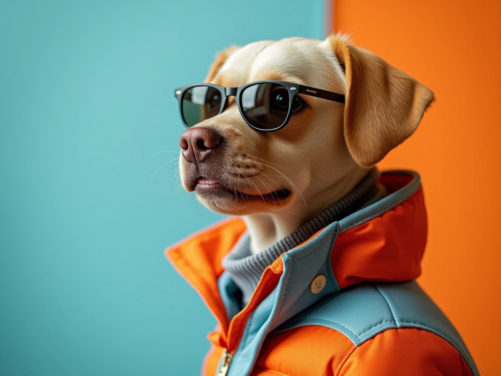 The best cell phone wallpaper, Award-Winning Wallpaper, portrait photography, In the front view is a portrait of a cute dog wearing mid-1960s space age fashion, Side view photo, Shot with Canon EOS R5, Set a strong contrast that accentuates the subject, Fluorescent blue tone, Wearing a very modern coat and sunglasses is a modern 1960s style, Clothes all in one color, beautiful background