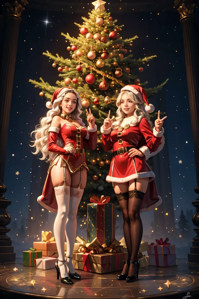 １femele、Slender beautiful figure、make friends with big monsters、.超A high resolution、An ultra-high picture quality、8K、Wonderful expression with attention to detail、they are enjoying the party together、Santa Claus Costume、Night party background with christmas tree、