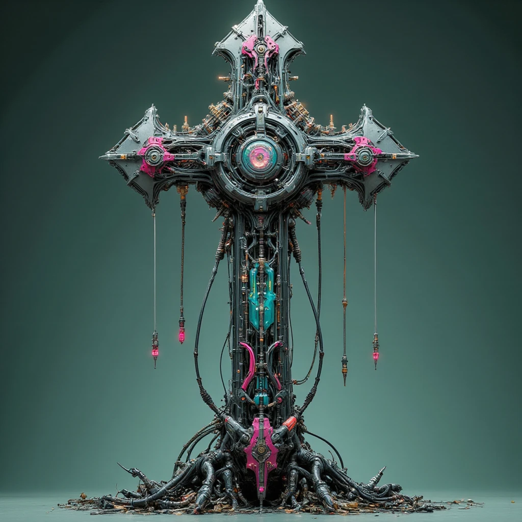 A towering cross-shaped mechanism dominates a matte-green void, its intricate form constructed entirely of cybernetic prosthetics and mechanical components. The vertical and horizontal beams are an amalgamation of artificial limbs, spines, and segmented joints, forged from gleaming steel and vivid bio-plastic in hues of magenta, teal, and lime. Each prosthetic is seamlessly connected by an intricate lattice of conduits, glowing fiber-optic cables, and micro-tubing, pulsing with neon light in rhythmic patterns that seem almost alive. At the intersection of the cross lies a circular core, its translucent casing revealing swirling, luminescent liquid. The liquid glows with shifting colors, feeding energy into the dense network of tubes that snake through the entire structure. The core hums faintly, resonating with the mechanical rhythm of the wires and circuits, creating an almost hypnotic aura of vitality. The upper beam rises with jagged extensions made of sleek cybernetic plates, tapering into sharp prosthetic claws, while the lower segment anchors into a fragmented base of discarded robotics. Each component bears the wear of age and purpose, with scratches, grooves, and faintly glowing markings that hint at a functional history. Suspended cables dangle from the arms of the cross, their thin strands intertwining like metallic veins. Around the edges, clusters of lenses, sensors, and articulated fingers appear to observe, their glossy surfaces reflecting the diffused natural light that illuminates the scene. Shadows play across the structure, emphasizing the texture of its metallic surfaces and the depth of its construction. Despite its mechanical nature, the cross exudes a sense of reverence, standing as a monument to the fusion of organic and synthetic. Its design evokes the image of a shrine, a repository of humanity’s technological legacy, where cold machinery and vibrant bio-materials converge into an unsettling yet captivating vision.