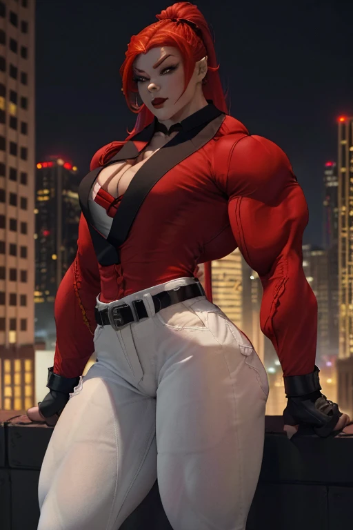 ((Close-up)), tall, (red hair) beautiful muscular asian woman, long hair, pale white skinned, closed smile, (black lipstick), big breast, (massive muscles), (hyper muscle), ((ginormous bulky muscles)), glowing yellow eyes, (((red long sleeve pleated shirt))), ((black tight pants with belt)), (fingerless gloves), (necktie), boots, night in Japan streets, 