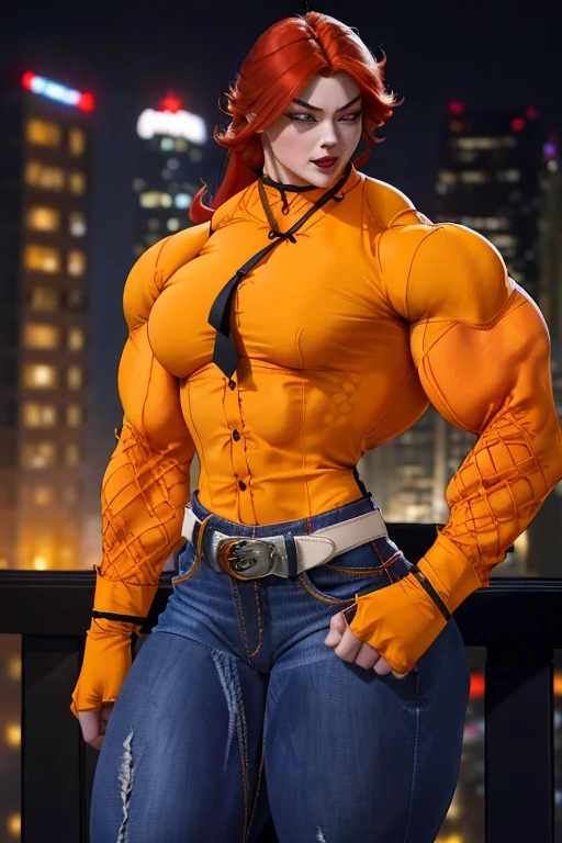 ((Close-up)), tall, (orange hair) beautiful muscular woman, long shaggy hair, pale white skinned, closed smile, (black lipstick), big breast, (massive muscles), (hyper muscle), ((ginormous bulky muscles)), glowing green eyes, (((orange long sleeve pleated shirt))), ((black tight pants with belt)), (fingerless gloves), (necktie), boots, night in Japan streets, 