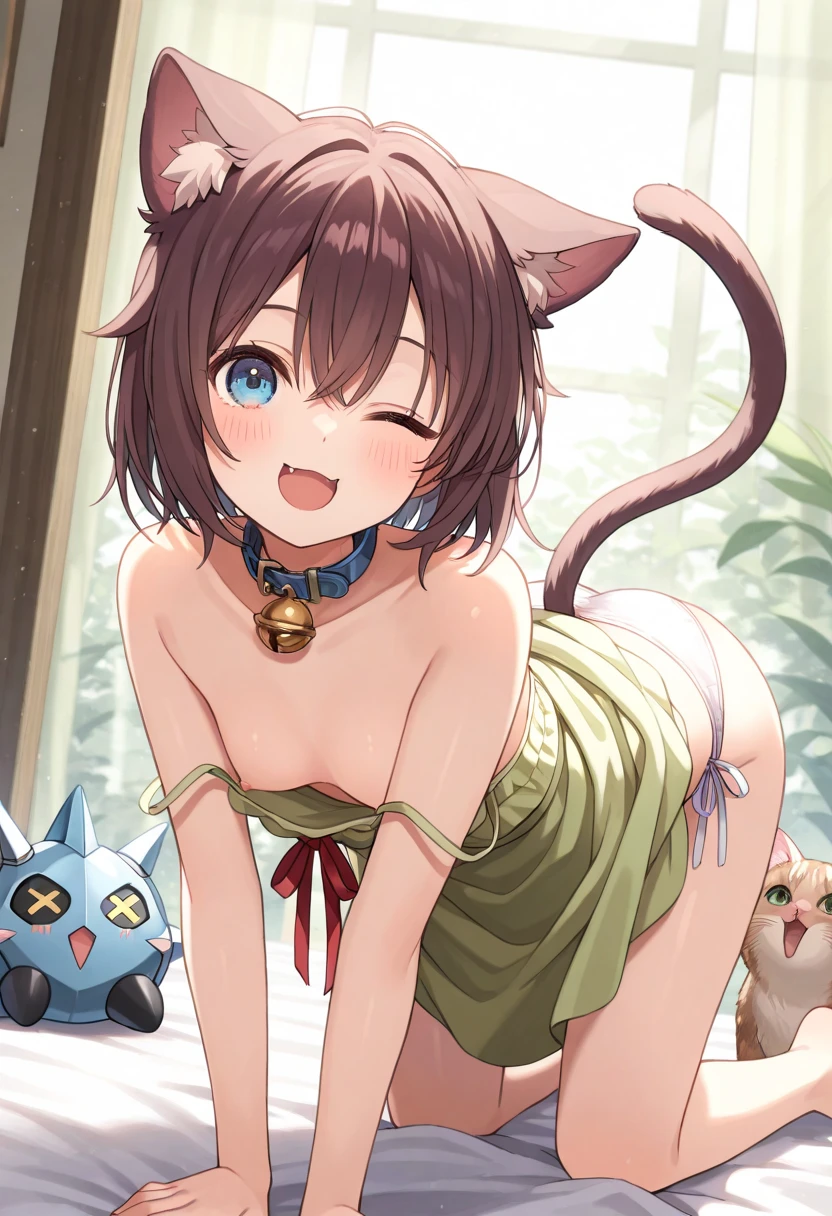  top quality 、 One Girl 、 stand on all fours 、Butt、 white panties、Brown cat ears and tail 、 slender body、Slender legs、Tiny breasts、 shiny dark brown hair 、 short hair、 cobalt blue eyes 、collar with bell 、Cute single tusk、 open her mouth 、 closes one eye、Yellow-green dress with red bow、Lush forest、The sun shines in、smile、blush