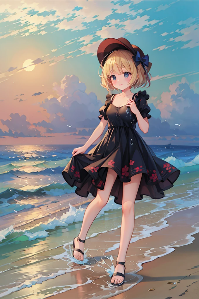 (8k,  super high quality , masterpiece:1.2),  super high res,  one woman,  cute,  small breasts,  blondes, Navy Blue Dress, Red floral pattern, Sandals, whole body, soaked,  like a ,  best smile , sea, sea水浴, Water Drop, whole bodyにWater Drop,  their chest is soaked in water , Lots of water,  playing in the water, 